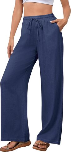 OMSJ Women's Cotton Linen Casual Palazzo Pants Drawstring Elastic Waist Flowy Wide Leg Long Lounge Trousers with Pockets in Saudi Arabia