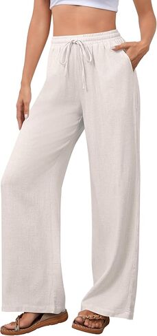 OMSJ Women's Cotton Linen Casual Palazzo Pants Drawstring Elastic Waist Flowy Wide Leg Long Lounge Trousers with Pockets in Saudi Arabia