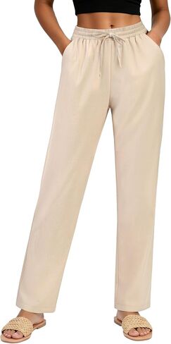 Women's Linen Pants High Waist, Summer Lightweight Straight Leg Casual Beach Vacation Outfits with Pocket Drawstring in Saudi Arabia