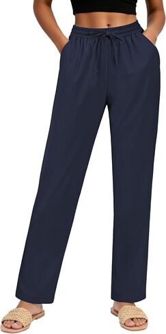 Women's Linen Pants High Waist, Summer Lightweight Straight Leg Casual Beach Vacation Outfits with Pocket Drawstring in Saudi Arabia