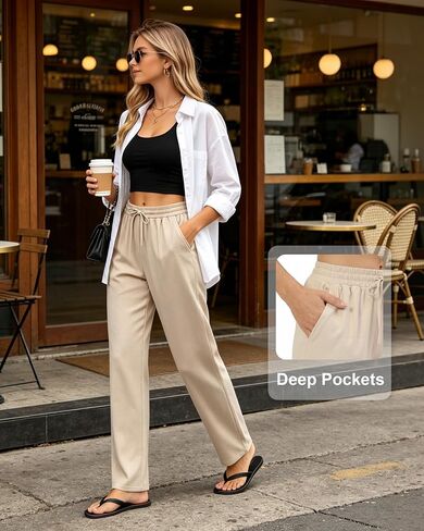 Women's Linen Pants High Waist, Summer Lightweight Straight Leg Casual Beach Vacation Outfits with Pocket Drawstring in Saudi Arabia