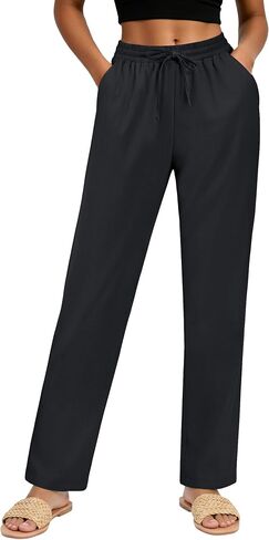 Women's Linen Pants High Waist, Summer Lightweight Straight Leg Casual Beach Vacation Outfits with Pocket Drawstring in Saudi Arabia