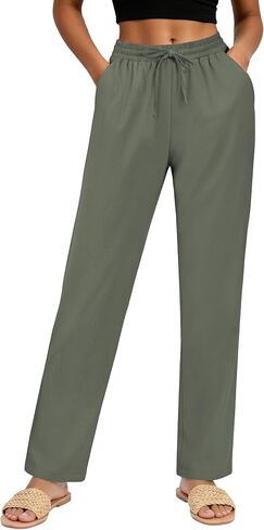 Women's Linen Pants High Waist, Summer Lightweight Straight Leg Casual Beach Vacation Outfits with Pocket Drawstring in Saudi Arabia