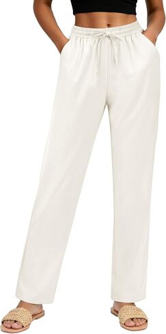Women's Linen Pants High Waist, Summer Lightweight Straight Leg Casual Beach Vacation Outfits with Pocket Drawstring in Saudi Arabia