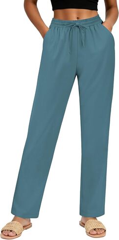 Women's Linen Pants High Waist, Summer Lightweight Straight Leg Casual Beach Vacation Outfits with Pocket Drawstring in Saudi Arabia