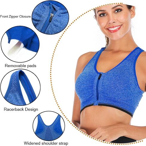 Women's Zipper Front Closure Sports Bra Racerback Yoga Bras Wireless Post-Surgery Bra in Saudi Arabia