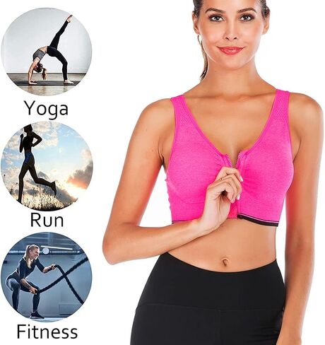 Women's Zipper Front Closure Sports Bra Racerback Yoga Bras Wireless Post-Surgery Bra in Saudi Arabia