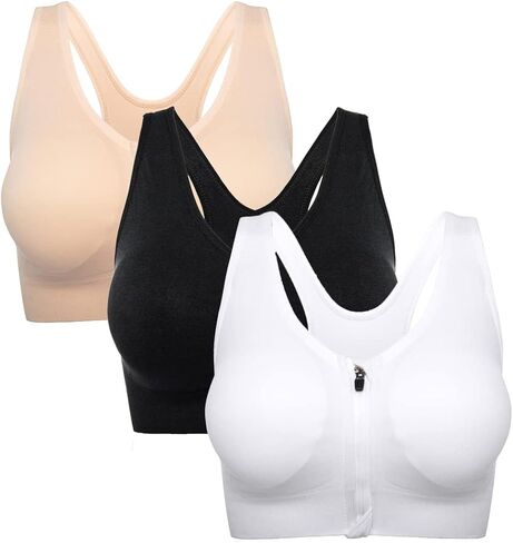 Women's Zipper Front Closure Sports Bra Racerback Yoga Bras Wireless Post-Surgery Bra in Saudi Arabia