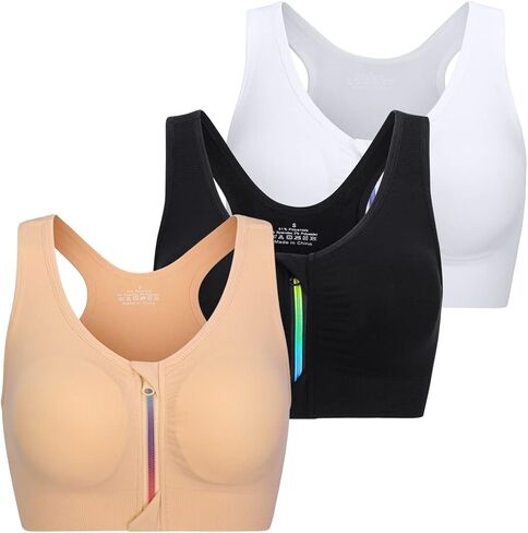 Women's Zipper Front Closure Sports Bra Racerback Yoga Bras Wireless Post-Surgery Bra in Saudi Arabia