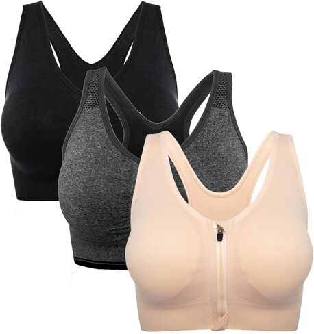 Women's Zipper Front Closure Sports Bra Racerback Yoga Bras Wireless Post-Surgery Bra in Saudi Arabia