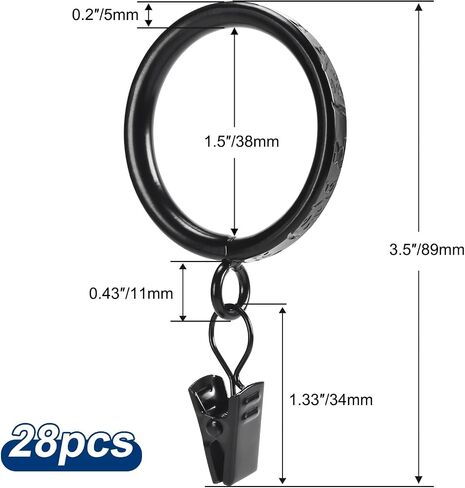 Thick Metal Clip Curtain Rings with Ancient Script Engraving,1.5" Inner Diameter, for Rods up to 1.25 Inches, Decorative Drapery Hardware (Black-28pcs) in Saudi Arabia