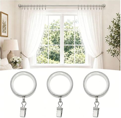 18 Pack Premium Easy Glide Curtain Rings,Metal Drapery Rings with Quiet Smooth Nylon Inserts,2 inch Diameter(1-5/8 inch Inside Diameter) Curtain Rings with Clips,Silver in Kuwait