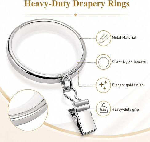 18 Pack Premium Easy Glide Curtain Rings,Metal Drapery Rings with Quiet Smooth Nylon Inserts,2 inch Diameter(1-5/8 inch Inside Diameter) Curtain Rings with Clips,Silver in Kuwait