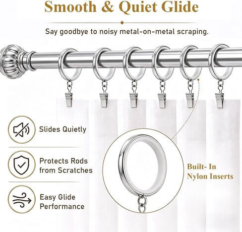 18 Pack Premium Easy Glide Curtain Rings,Metal Drapery Rings with Quiet Smooth Nylon Inserts,2 inch Diameter(1-5/8 inch Inside Diameter) Curtain Rings with Clips,Silver in Kuwait