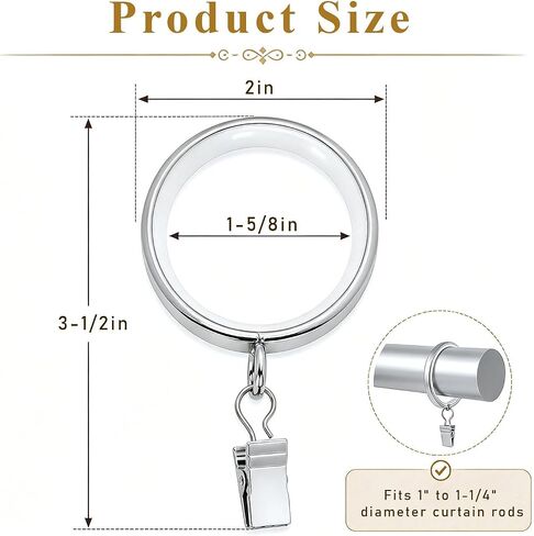 18 Pack Premium Easy Glide Curtain Rings,Metal Drapery Rings with Quiet Smooth Nylon Inserts,2 inch Diameter(1-5/8 inch Inside Diameter) Curtain Rings with Clips,Silver in Kuwait