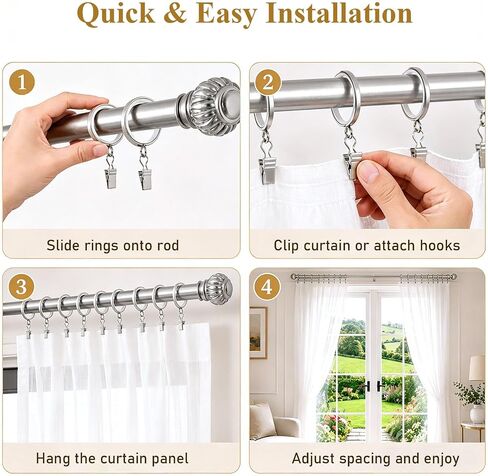 18 Pack Premium Easy Glide Curtain Rings,Metal Drapery Rings with Quiet Smooth Nylon Inserts,2 inch Diameter(1-5/8 inch Inside Diameter) Curtain Rings with Clips,Silver in Kuwait