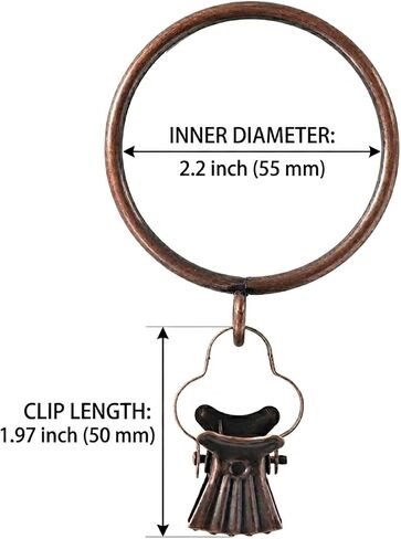 24 Pack Curtain Rings with Clips, 55mm (2.2") Inner Diameter fits up to 1.75" Diameter Rod, Heavy Duty Metal Drapery Rings, Rustproof Decorative Hanging Hooks, Antique Red Copper in Saudi Arabia
