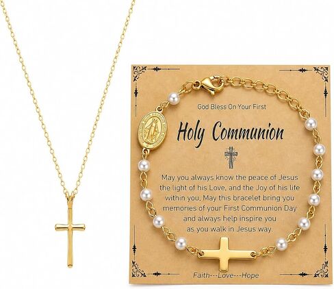 Catholic Bracelet and Necklace Gifts for Women Girls, Simulated Pearl Rosary Beads, Virgin Mary Cross Charm Bracelet First Communion Confirmation Baptism Religious Christian Jewelry Gifts in Saudi Arabia
