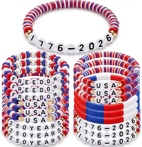 Sosation 18 Pcs 250th Anniversary USA Bracelets Bulk 4th of July Stretch Bracelets Red White Blue Patriotic Accessories American Jewelry Charms for Women Independence Day Parades Party Favors Gifts in Kuwait