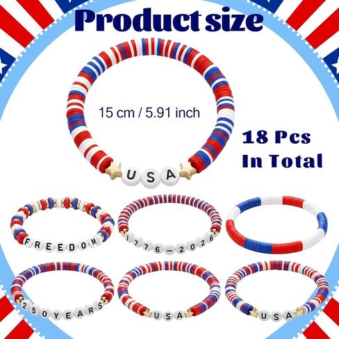Sosation 18 Pcs 250th Anniversary USA Bracelets Bulk 4th of July Stretch Bracelets Red White Blue Patriotic Accessories American Jewelry Charms for Women Independence Day Parades Party Favors Gifts in Kuwait