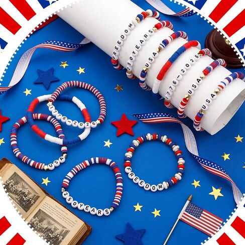 Sosation 18 Pcs 250th Anniversary USA Bracelets Bulk 4th of July Stretch Bracelets Red White Blue Patriotic Accessories American Jewelry Charms for Women Independence Day Parades Party Favors Gifts in Kuwait