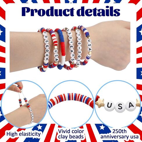 Sosation 18 Pcs 250th Anniversary USA Bracelets Bulk 4th of July Stretch Bracelets Red White Blue Patriotic Accessories American Jewelry Charms for Women Independence Day Parades Party Favors Gifts in Kuwait
