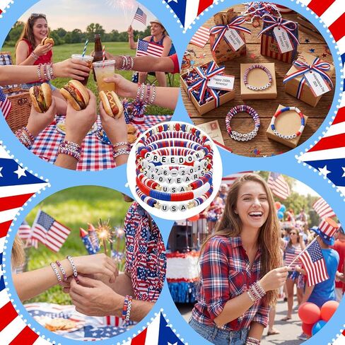 Sosation 18 Pcs 250th Anniversary USA Bracelets Bulk 4th of July Stretch Bracelets Red White Blue Patriotic Accessories American Jewelry Charms for Women Independence Day Parades Party Favors Gifts in Kuwait