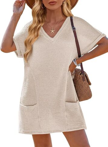 Wkior Womens Swimsuit Cover Up Waffle Knit V Neck Short Sleeve Summer Bathing Suit Beach Coverups Mini Dress with Pockets in Saudi Arabia