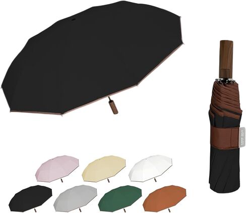 Compact Travel Folding Umbrella,Wood-Grain Handle,Contrast Color Design,With Carrying Pouch,Men Women Kids, Wide Umbrella Strap,Portable,10 Ribs,UV Protection,UPF 50,Rain Sun,Backpack,Auto Open/Close in Kuwait
