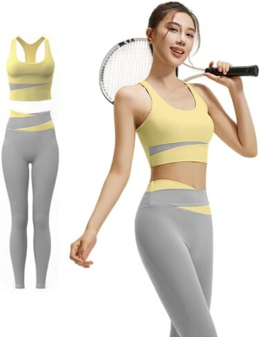 Women's 2-Piece Workout Set, Racerback Sports Bra and High Waist Leggings, Athletic Yoga Fitness Apparel, Black, Purple, Blue in Saudi Arabia