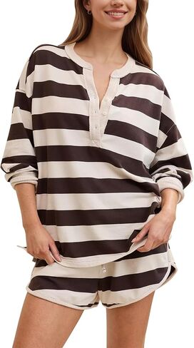 TERIVEEK 2 Piece Striped Lounge Set for Women Oversized V Neck Henley Shirts and Drawstring Shorts Matching Tracksuit Set in Kuwait