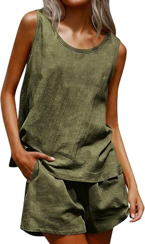 Two Piece Short Set for Women Casual Cotton Linen Sets Sleeveless Tops and Shorts Breathable Summer Beach Outfits 2026 in Kuwait