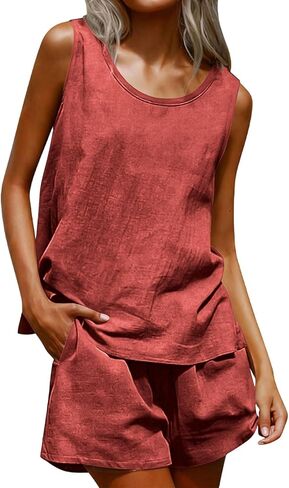Two Piece Short Set for Women Casual Cotton Linen Sets Sleeveless Tops and Shorts Breathable Summer Beach Outfits 2026 in Kuwait