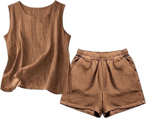 Two Piece Short Set for Women Casual Cotton Linen Sets Sleeveless Tops and Shorts Breathable Summer Beach Outfits 2026 in Kuwait