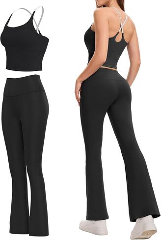 2 PCS Workout Sets for Women High Waist Flare Leggings & Cross Back Padded Sports Bra Tops Outfits for Yoga Pilates in Saudi Arabia
