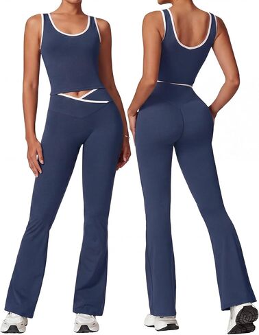 Coume Women 2 Piece Seamless Workout Sets Crossover Flare Leggings Crop Tank Top Matching Set Color Block Gym Yoga Outfits in Kuwait