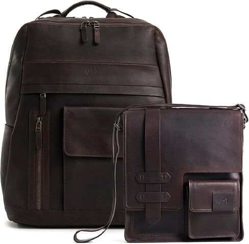 VELEZ Dark Brown Top Grain Leather Backpack Casual Daypack + Small Messenger Bag For Men in Kuwait
