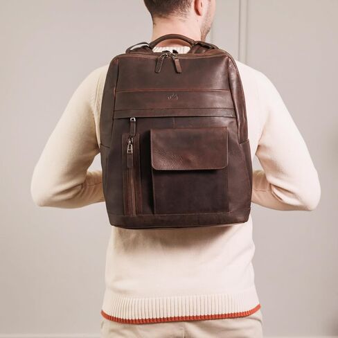 VELEZ Dark Brown Top Grain Leather Backpack Casual Daypack + Small Messenger Bag For Men in Kuwait