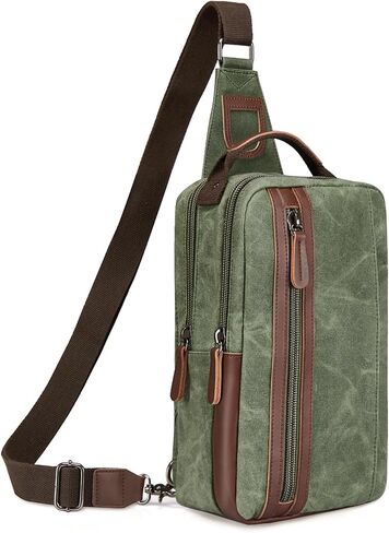 Large Travel Crossbody Bags, Retro Waxed Canvas Waterproof Messenger Chest Bag with PU Leather for Work Sport Shopping in Kuwait