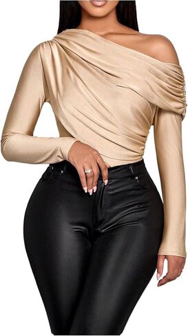 GORGLITTER Women's One Shoulder Long Sleeve Bodysuit Tops Sexy Metallic Ruched Fitted Dressy Going Out Leotards Tops in Kuwait
