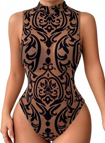 Women's Mesh Sheer Mock Neck Sleeveless Club Bodysuit Leotard Top in Kuwait