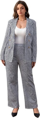 Women's Printed Stretch Blazer and Pants Set with Pockets | Double-breasted blazer with pockets, elastic waist, straight-leg pants, office wear, daily wear, business casual outfits in Saudi Arabia