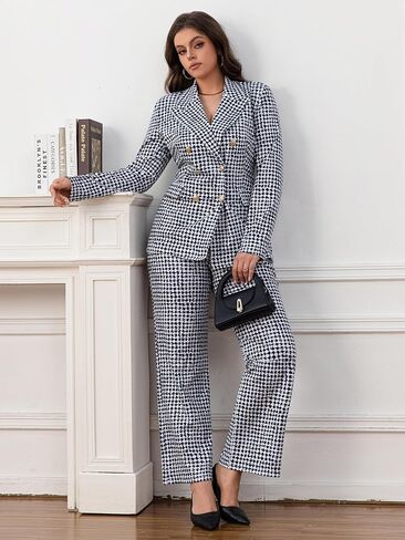 Women's Printed Stretch Blazer and Pants Set with Pockets | Double-breasted blazer with pockets, elastic waist, straight-leg pants, office wear, daily wear, business casual outfits in Kuwait