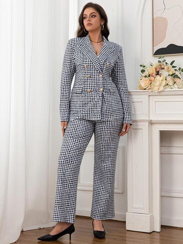 Women's Printed Stretch Blazer and Pants Set with Pockets | Double-breasted blazer with pockets, elastic waist, straight-leg pants, office wear, daily wear, business casual outfits in Kuwait