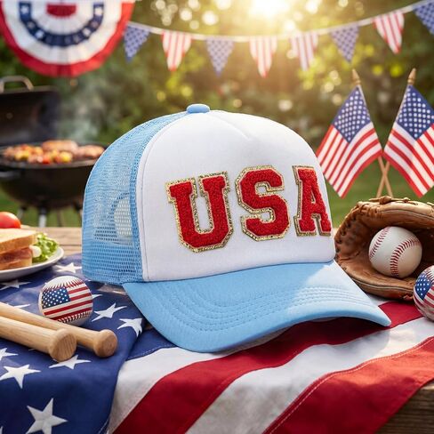 Twistover 6 Pcs USA Trucker Hat for Women Patriotic 250 Anniversary Hat Light Blue Baseball Hats Breathable Mesh Adjustable Snapback American Hats for Men 4th of July Outdoor Parade Activities in Saudi Arabia