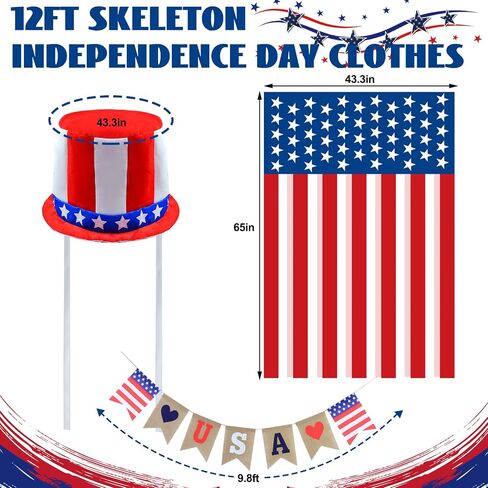 3PCS 12 Ft Skeleton Patriotic Outfits Accessories 4th of July Skeleton Costume Hat, Vest, USA Flag Banner Skelly Outfit Set Giant Skeleton Clothes for Garden Lawn Decor Independence Day Celebration in Saudi Arabia