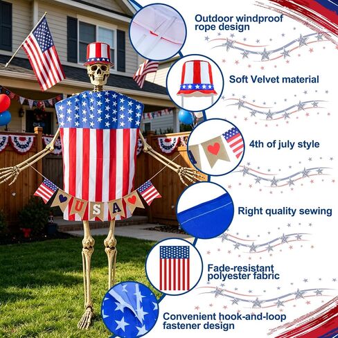 3PCS 12 Ft Skeleton Patriotic Outfits Accessories 4th of July Skeleton Costume Hat, Vest, USA Flag Banner Skelly Outfit Set Giant Skeleton Clothes for Garden Lawn Decor Independence Day Celebration in Saudi Arabia