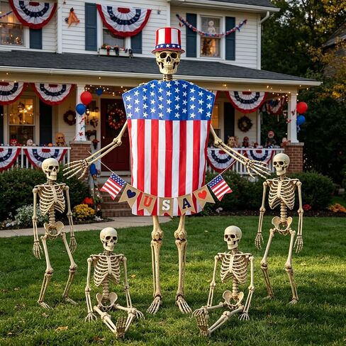 3PCS 12 Ft Skeleton Patriotic Outfits Accessories 4th of July Skeleton Costume Hat, Vest, USA Flag Banner Skelly Outfit Set Giant Skeleton Clothes for Garden Lawn Decor Independence Day Celebration in Saudi Arabia