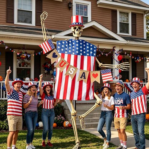 3PCS 12 Ft Skeleton Patriotic Outfits Accessories 4th of July Skeleton Costume Hat, Vest, USA Flag Banner Skelly Outfit Set Giant Skeleton Clothes for Garden Lawn Decor Independence Day Celebration in Saudi Arabia