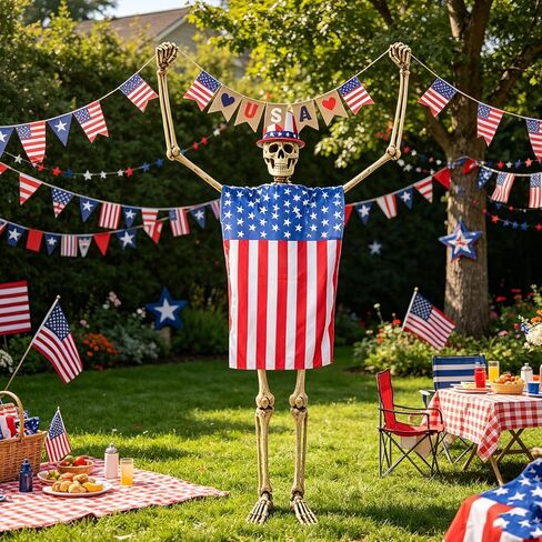 3PCS 12 Ft Skeleton Patriotic Outfits Accessories 4th of July Skeleton Costume Hat, Vest, USA Flag Banner Skelly Outfit Set Giant Skeleton Clothes for Garden Lawn Decor Independence Day Celebration in Saudi Arabia